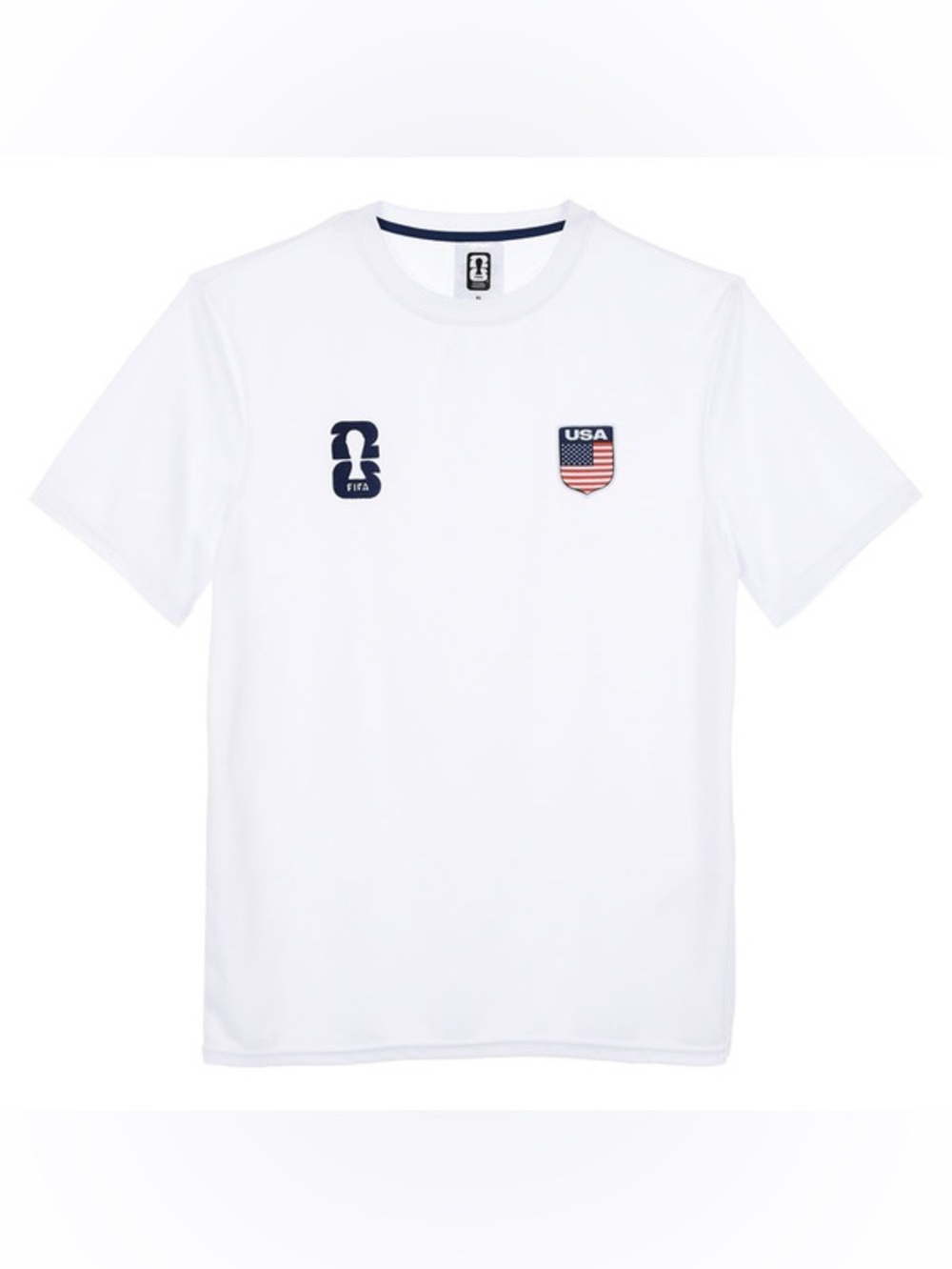0122: USA Logo White Short Sleeve Tee Crew Neck Embroidery and Woven Badge